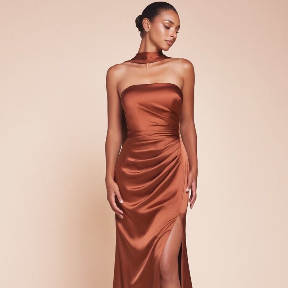 New Formal Strapless Sheath Satin Dress W/ Straight Across Neck & Sash Cd 7451